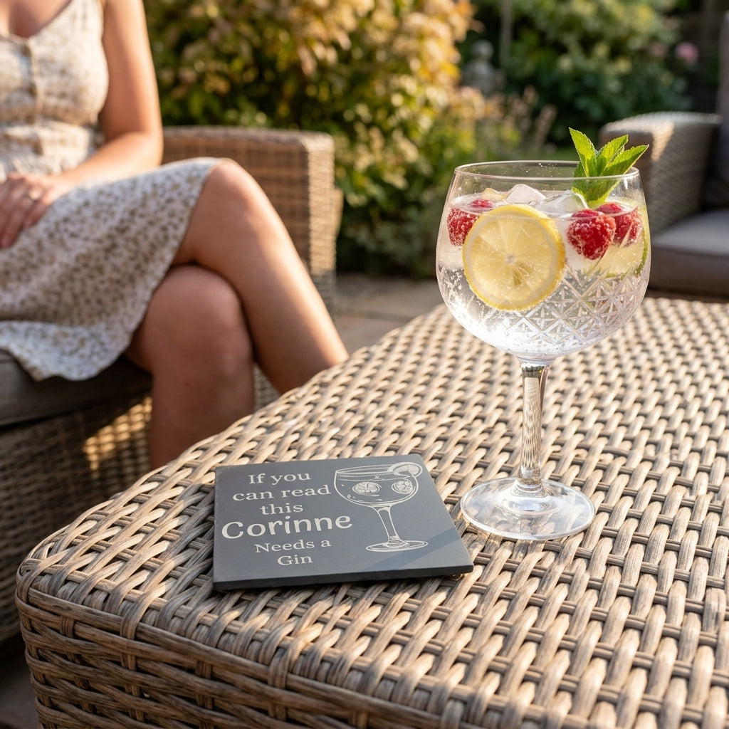 Glass of gin with lemon and raspberries on a table outdoors, with a coaster reading 'If you can read this, Corinne needs a Gin'.
