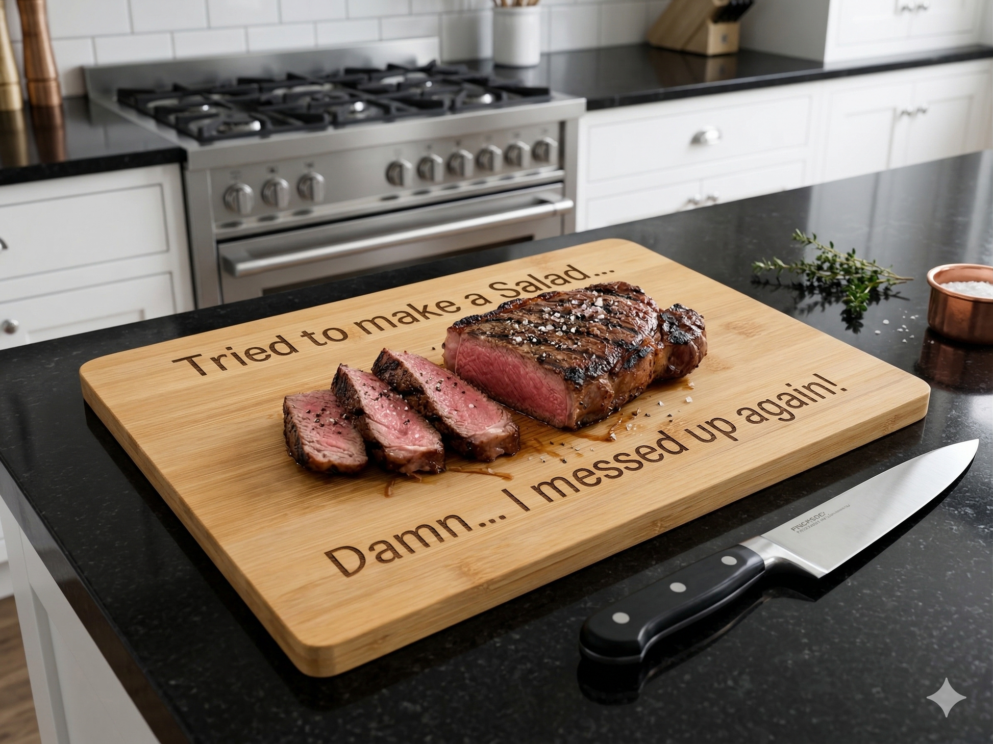 Bamboo chopping board with witty "tried to make a salad, Damn I messed up again" text. A sliced steak sits in the middle of the chopping board.