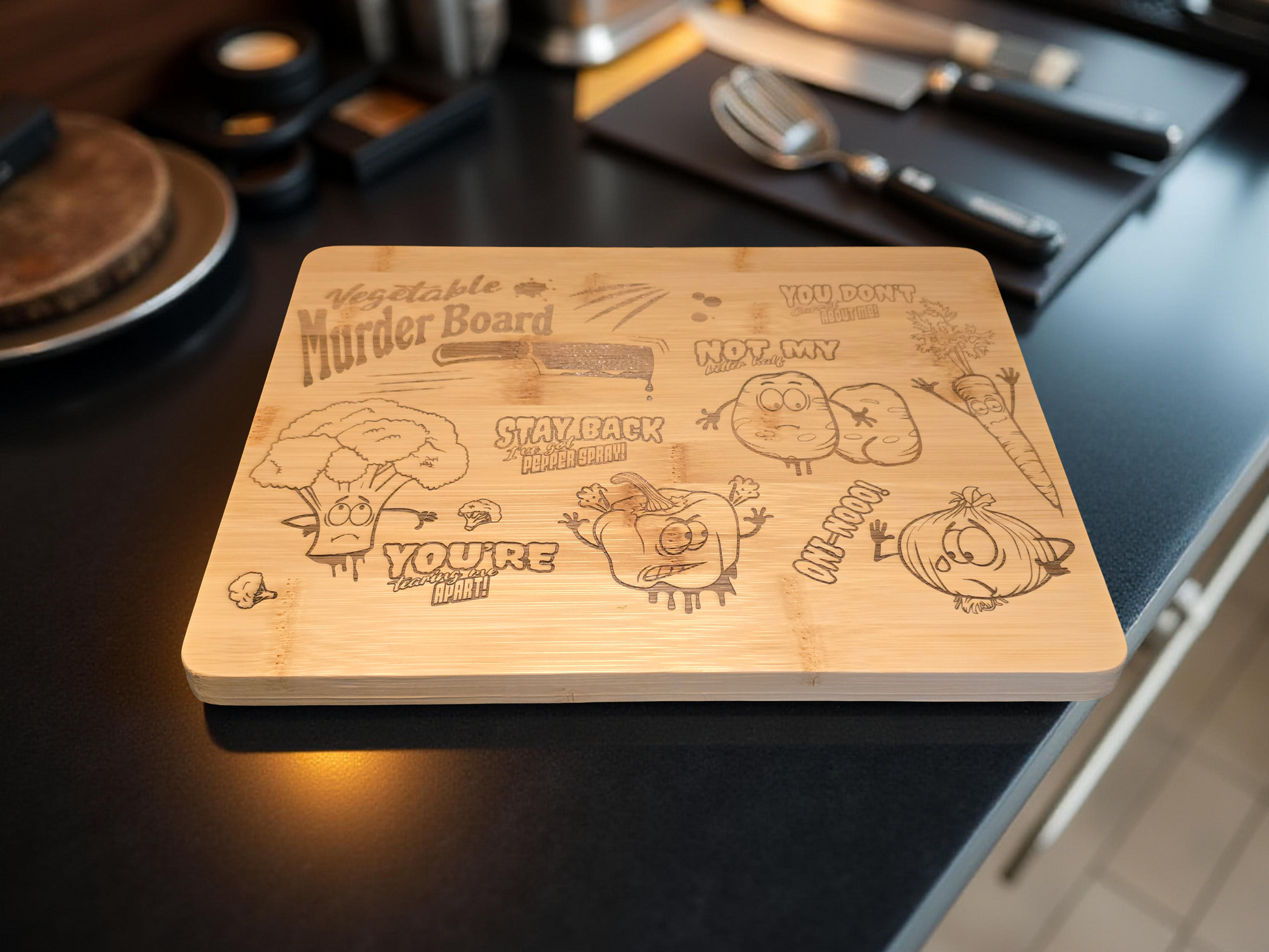 Wooden cutting board with humorous vegetable-themed designs on a kitchen counter.