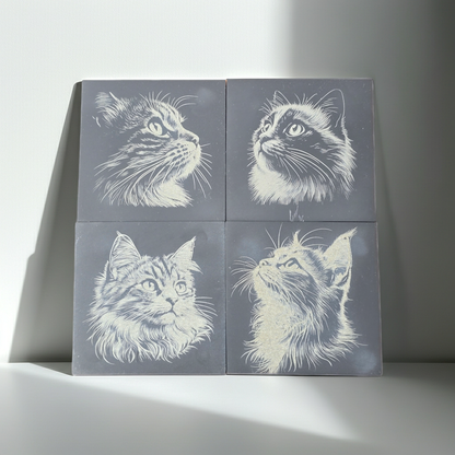 Cat Slate Coaster Set - 4 pack of etched cat design 10cm drinks mats