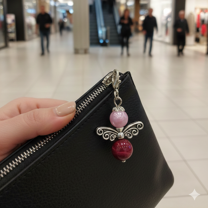 Angel zipper charm on a clutch purse