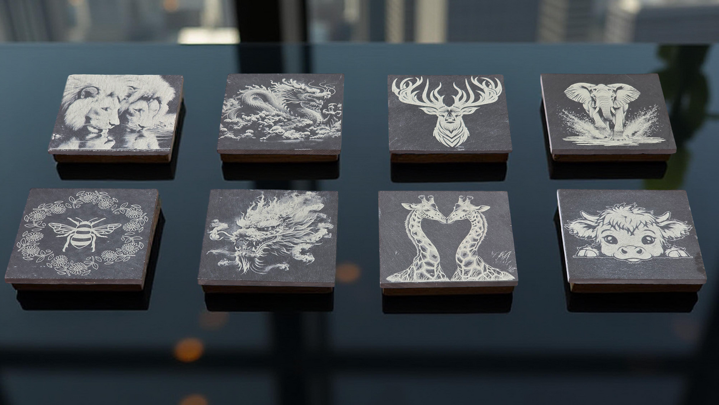 Various Animal design slate coasters - Stag, Dragon, Bee, Cow, Lion, Giraffe, Elephant