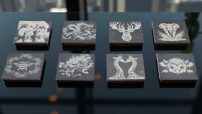 Various Animal design slate coasters - Stag, Dragon, Bee, Cow, Lion, Giraffe, Elephant
