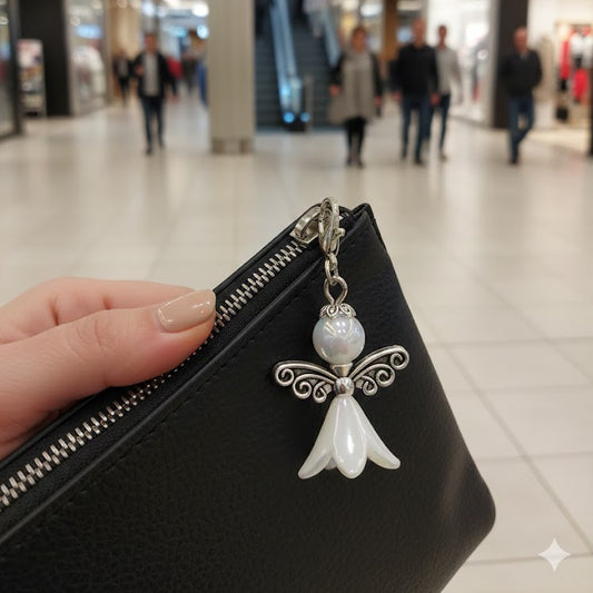 angel zipper charm attached to a clutch purse