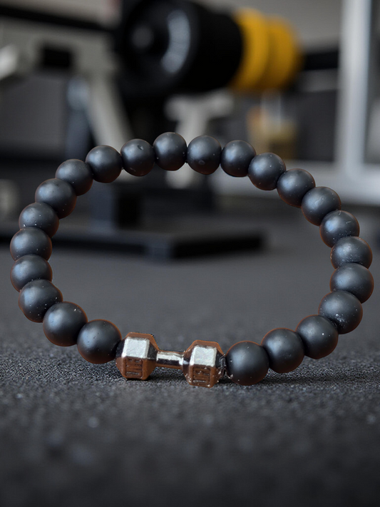 Unisex Black Stone Beaded Dumbbell Bracelet with Live, Lift Slogan