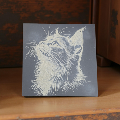 Cat Slate Coaster Set - 4 pack of etched cat design 10cm drinks mats