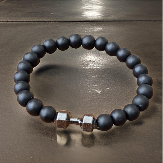 Unisex Black Stone beaded Bracelet with Dumbbell charm - Live, Lift slogan