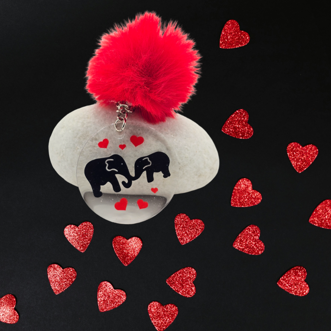 Cute Elephant Love Heart Keyring with Red Pom Pom