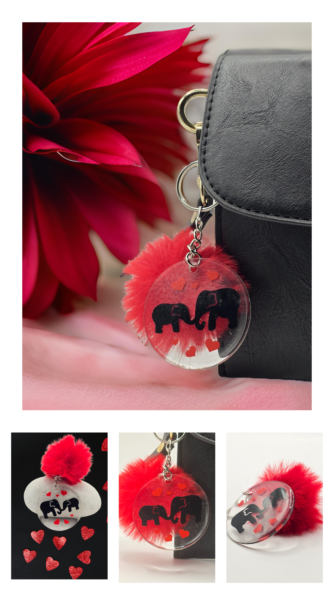 Cute Elephant Love Heart Keyring with Red Pom Pom