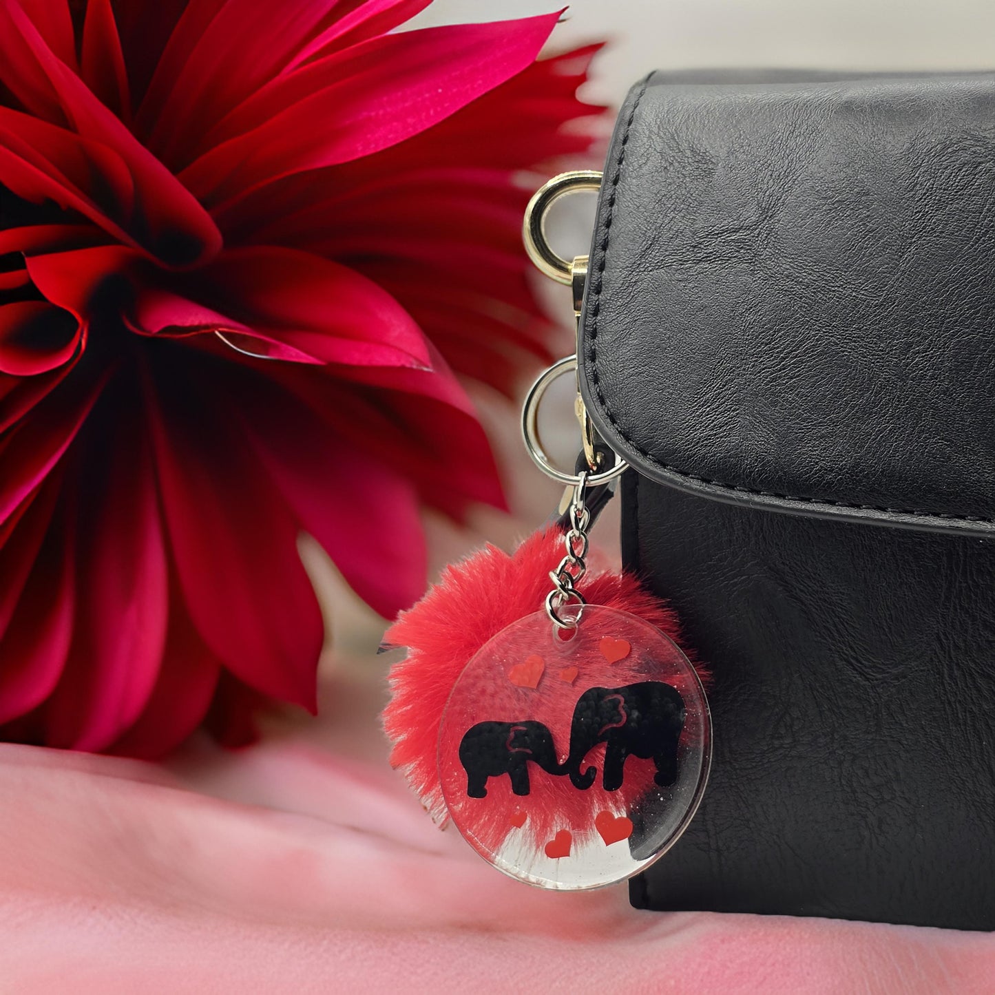 Cute Elephant Love Heart Keyring with Red Pom Pom