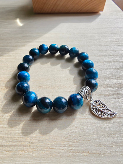 Blue Beaded Leaf Charm Elasticated Bracelet