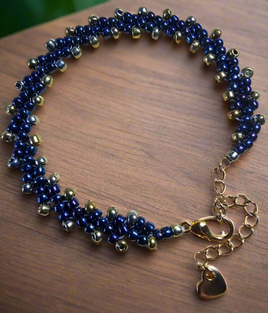 Blue and Gold Toho Seed Beaded Bracelet with gold heart extension chain