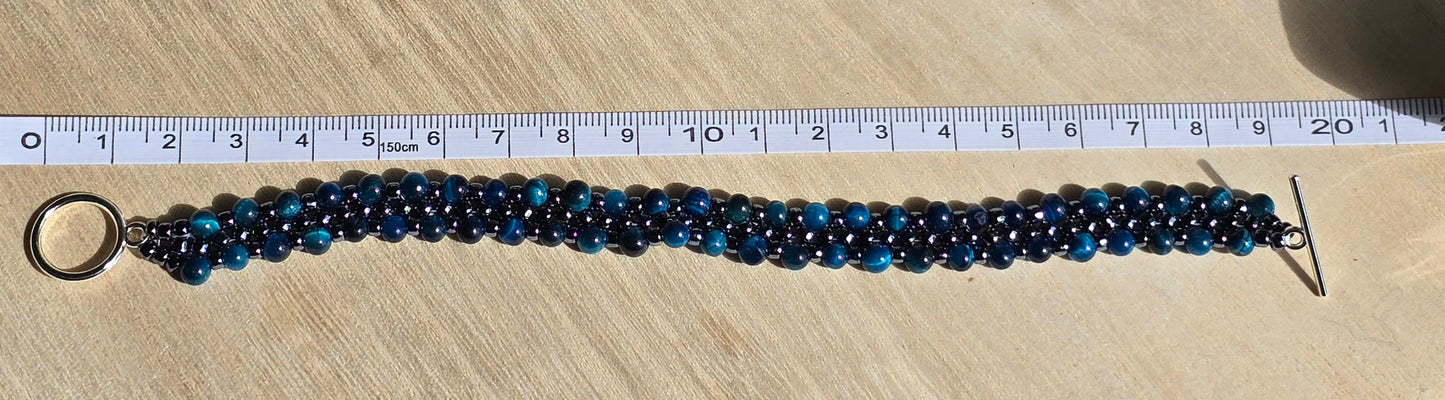 Tigers eye and Hematite Toho beaded band bracelet - Handwoven seed beads with Toggle Clasp