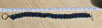 Tigers eye and Hematite Toho beaded band bracelet - Handwoven seed beads with Toggle Clasp