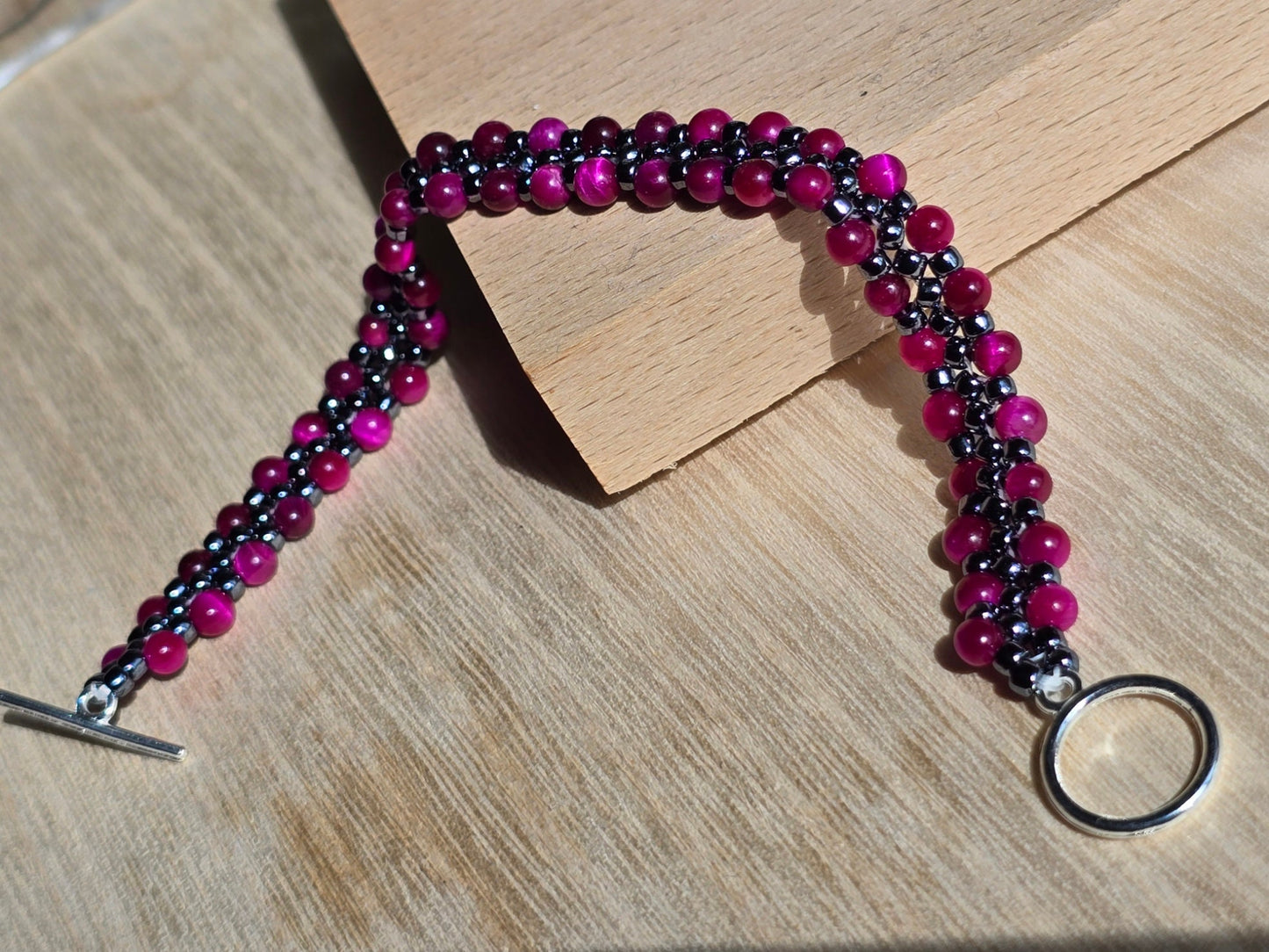 Tigers eye and Hematite Toho beaded band bracelet - Handwoven seed beads with Toggle Clasp