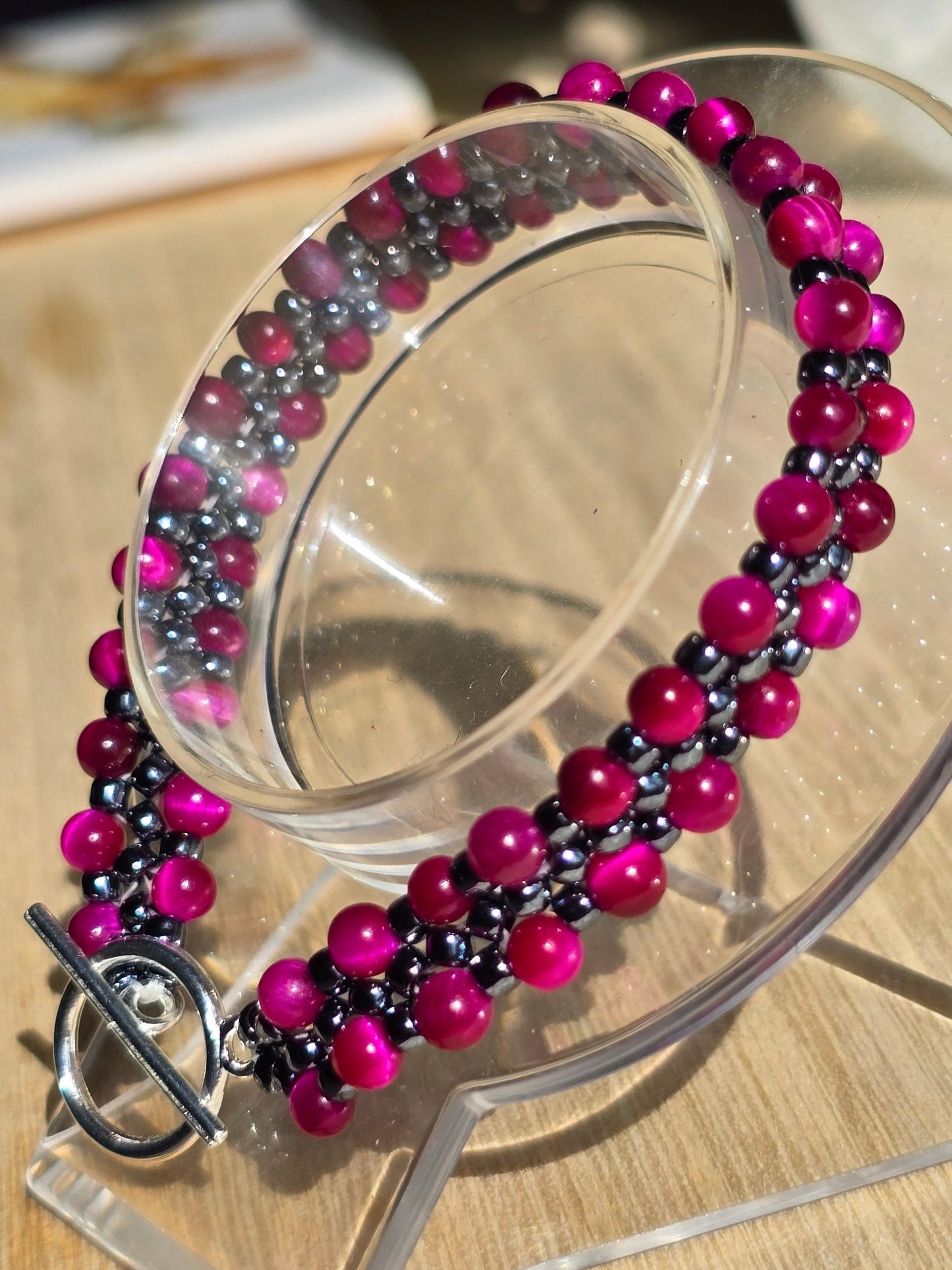 Tigers eye and Hematite Toho beaded band bracelet - Handwoven seed beads with Toggle Clasp