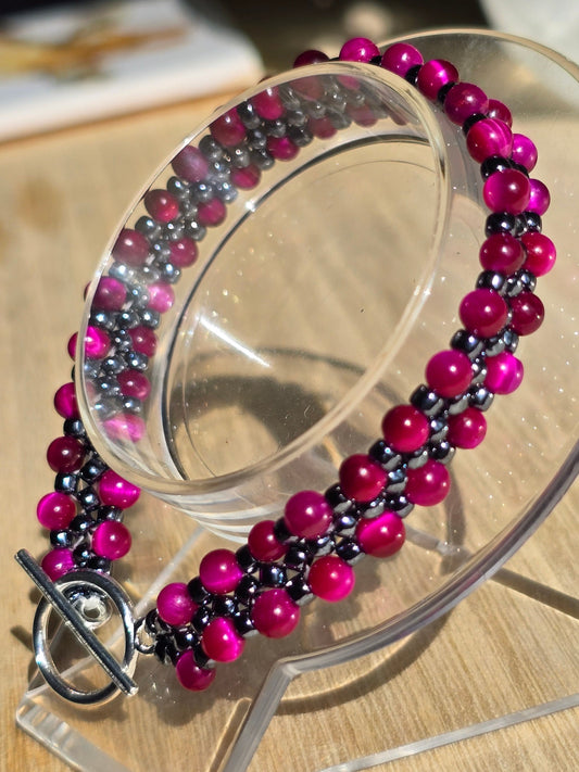 Tigers eye and Hematite Toho beaded band bracelet - Handwoven seed beads with Toggle Clasp