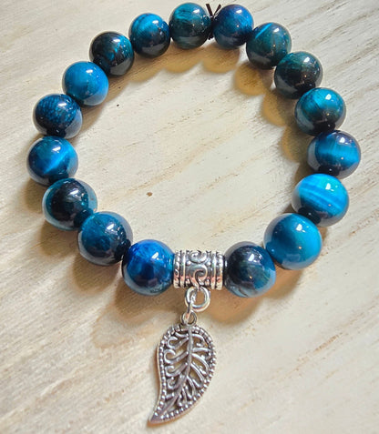 Blue Beaded Leaf Charm Elasticated Bracelet