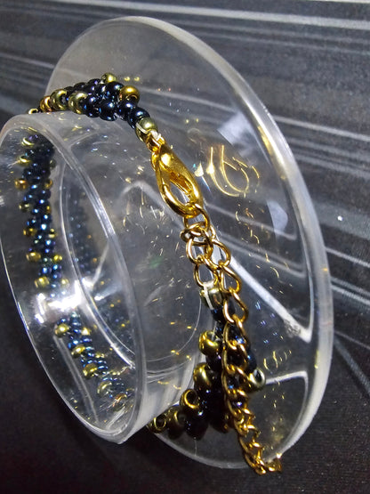 Blue and Gold Toho Seed Beaded Bracelet with gold heart extension chain