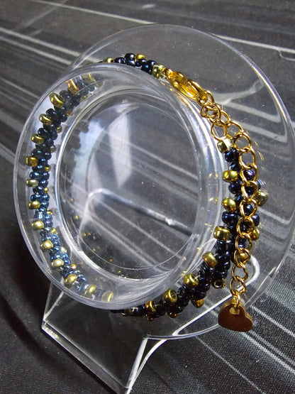 Blue and Gold Toho Seed Beaded Bracelet with gold heart extension chain