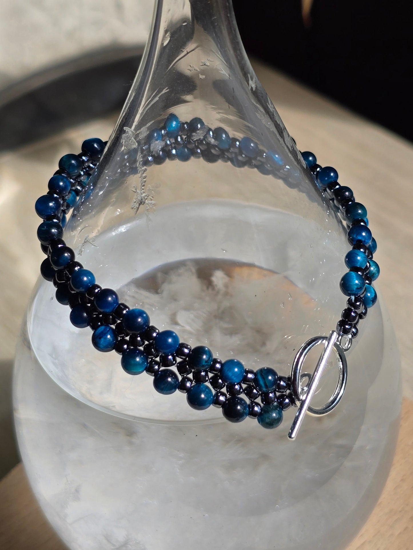 Tigers eye and Hematite Toho beaded band bracelet - Handwoven seed beads with Toggle Clasp