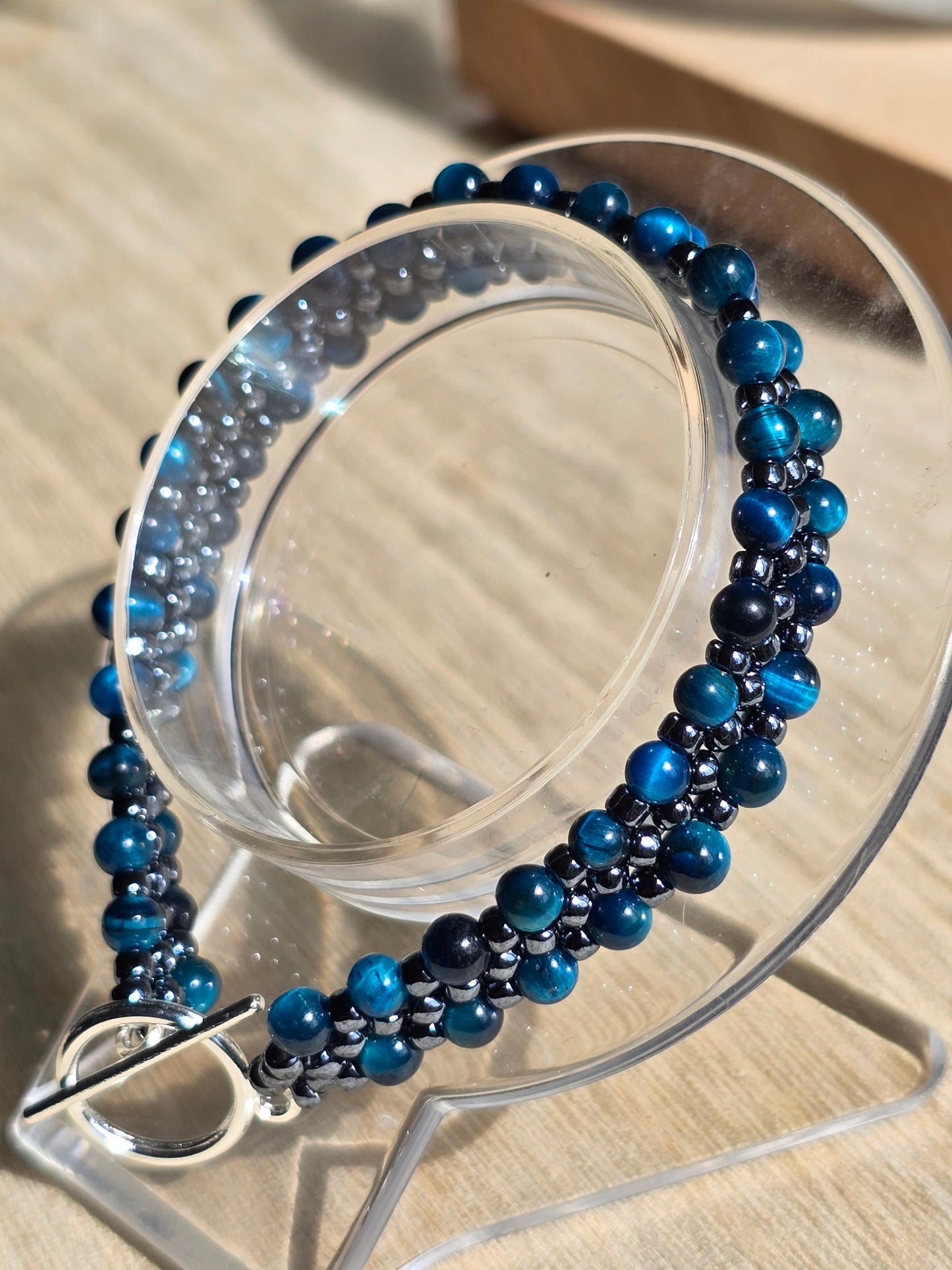 Tigers eye and Hematite Toho beaded band bracelet - Handwoven seed beads with Toggle Clasp