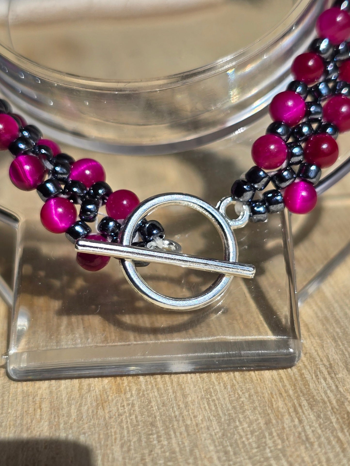 Tigers eye and Hematite Toho beaded band bracelet - Handwoven seed beads with Toggle Clasp