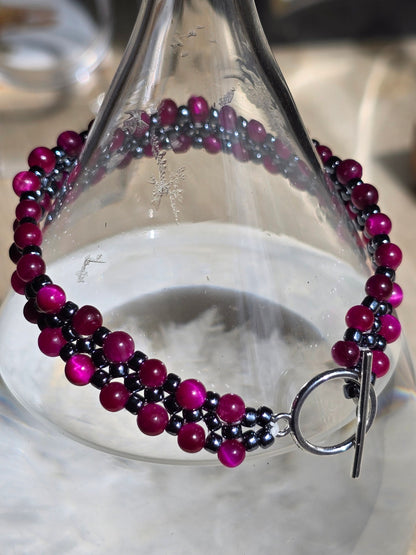 Tigers eye and Hematite Toho beaded band bracelet - Handwoven seed beads with Toggle Clasp