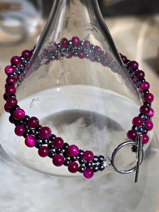 Tigers eye and Hematite Toho beaded band bracelet - Handwoven seed beads with Toggle Clasp