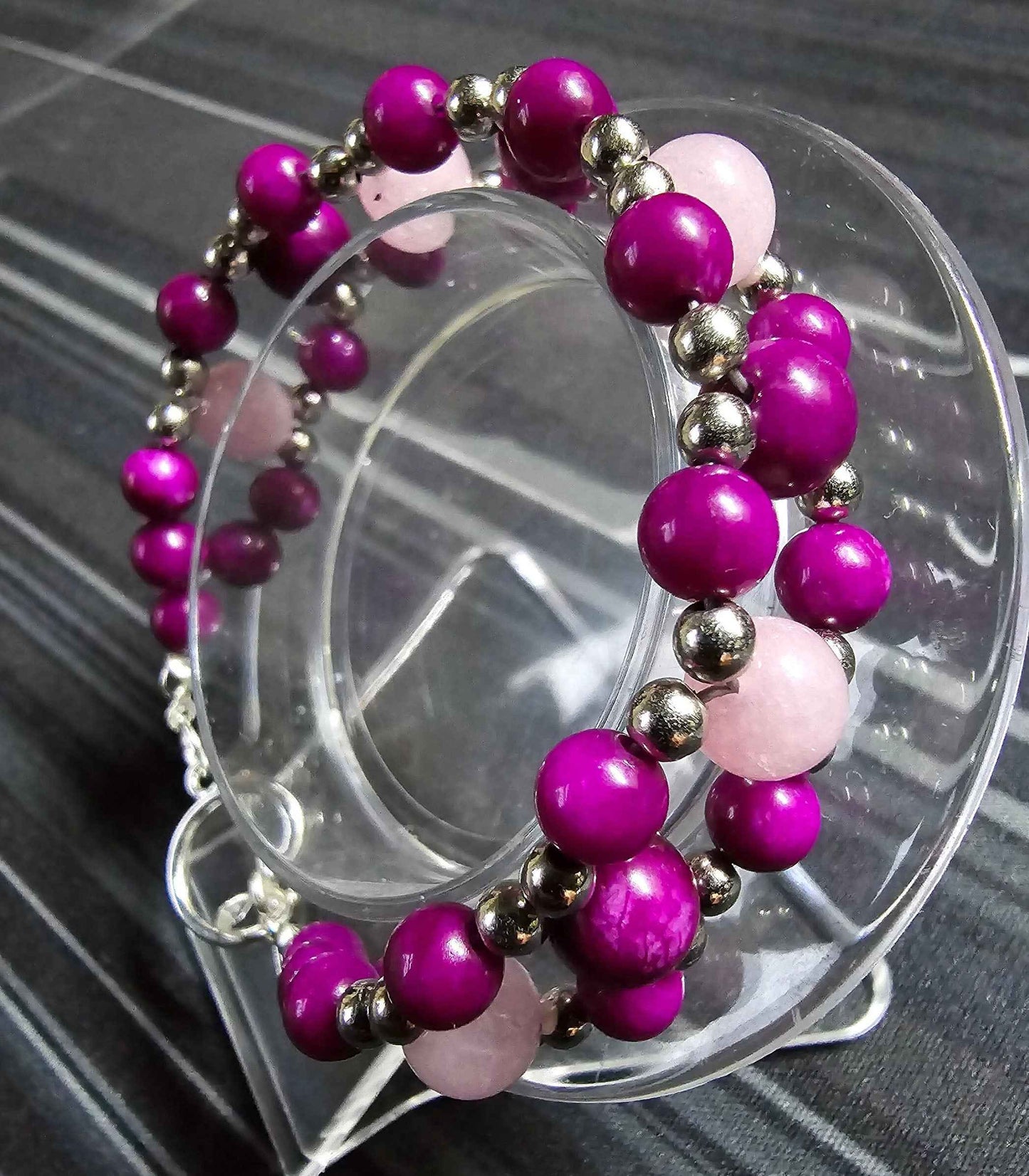 Women's Beaded Band Bracelet - Pink, Purple and Silver Bracelet