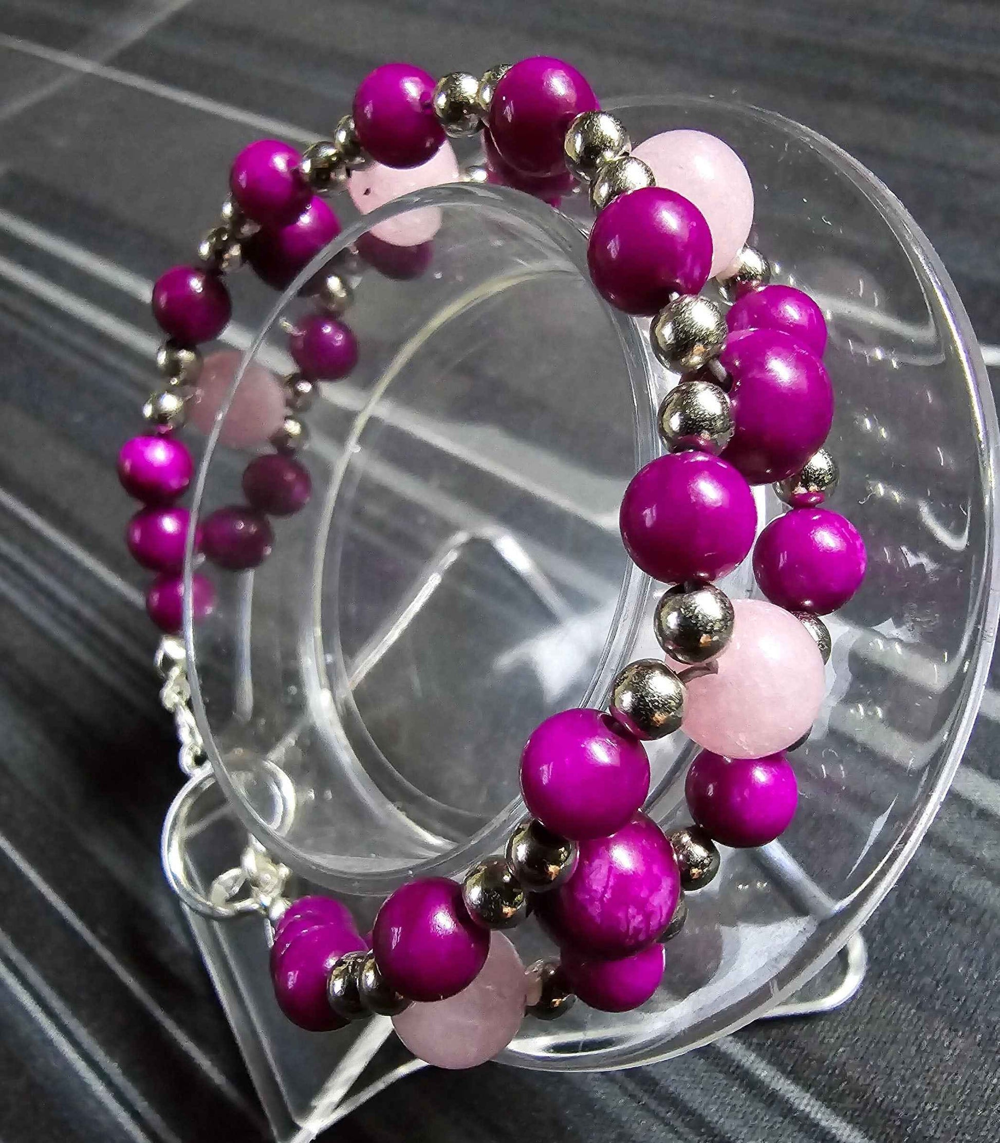 Women's Beaded Band Bracelet - Pink, Purple and Silver Bracelet