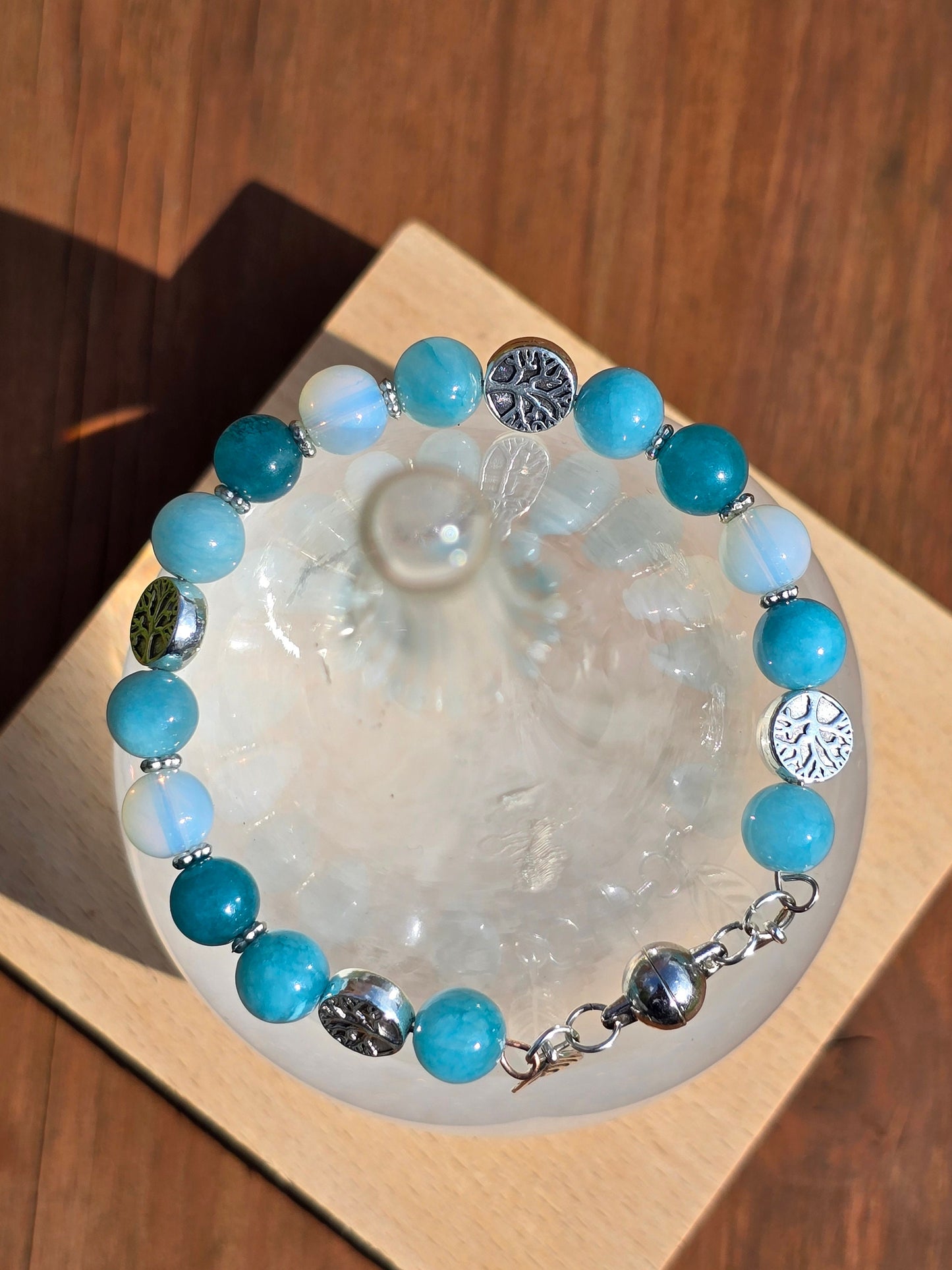 Blue Tree and Leaf Memory wire bracelet with magnetic clasp