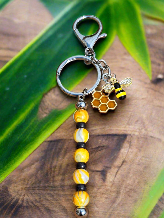 Bumble Bee Bag Charm - keyring - pull charm. Cute Bee and honeycomb design with beaded bar