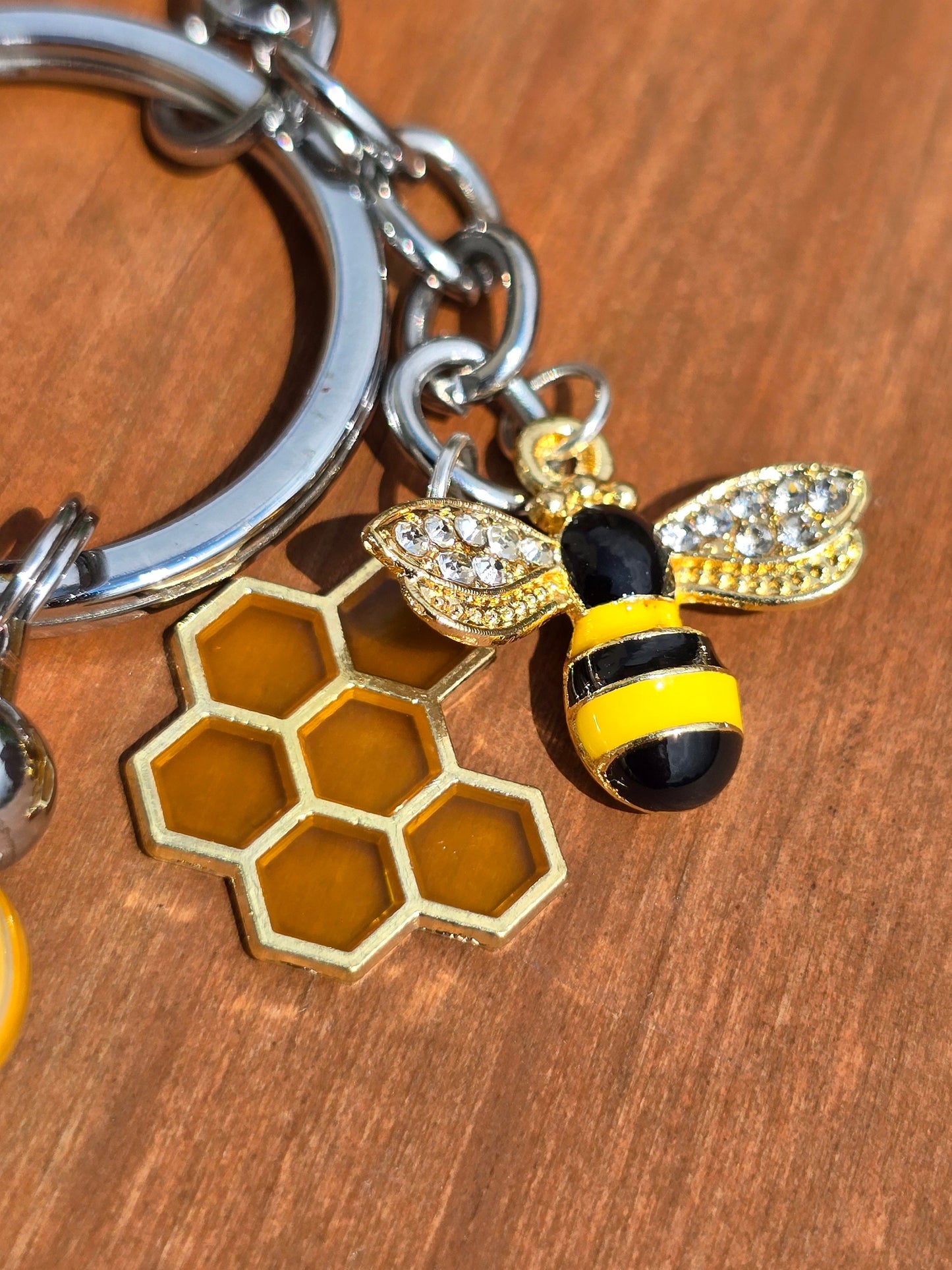 Bumble Bee Bag Charm - keyring - pull charm. Cute Bee and honeycomb design with beaded bar