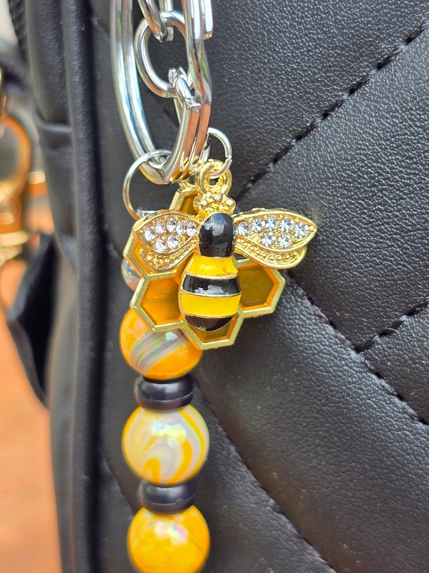 Bumble Bee Bag Charm - keyring - pull charm. Cute Bee and honeycomb design with beaded bar