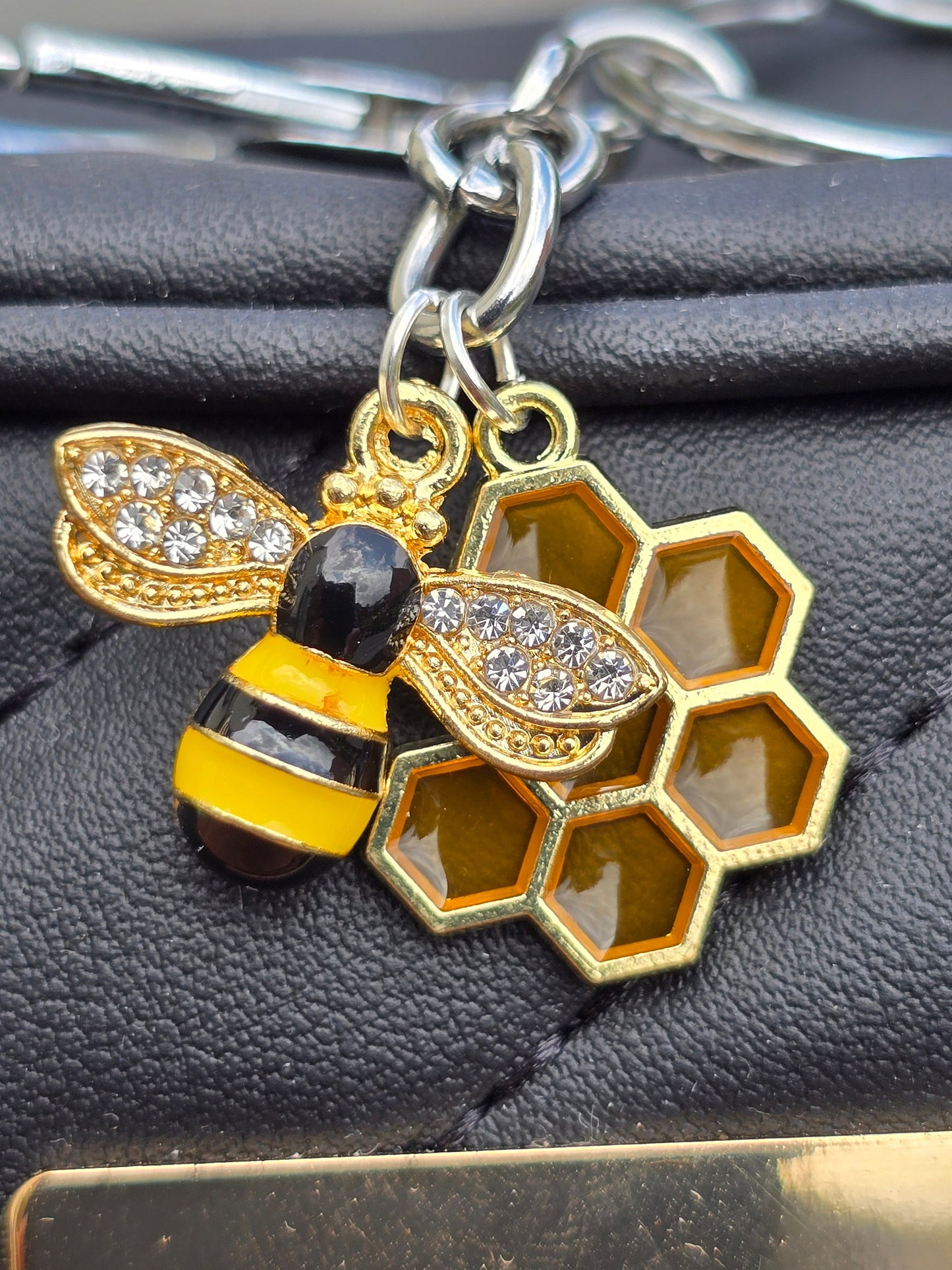 Bumble Bee Bag Charm - keyring - pull charm. Cute Bee and honeycomb design with beaded bar