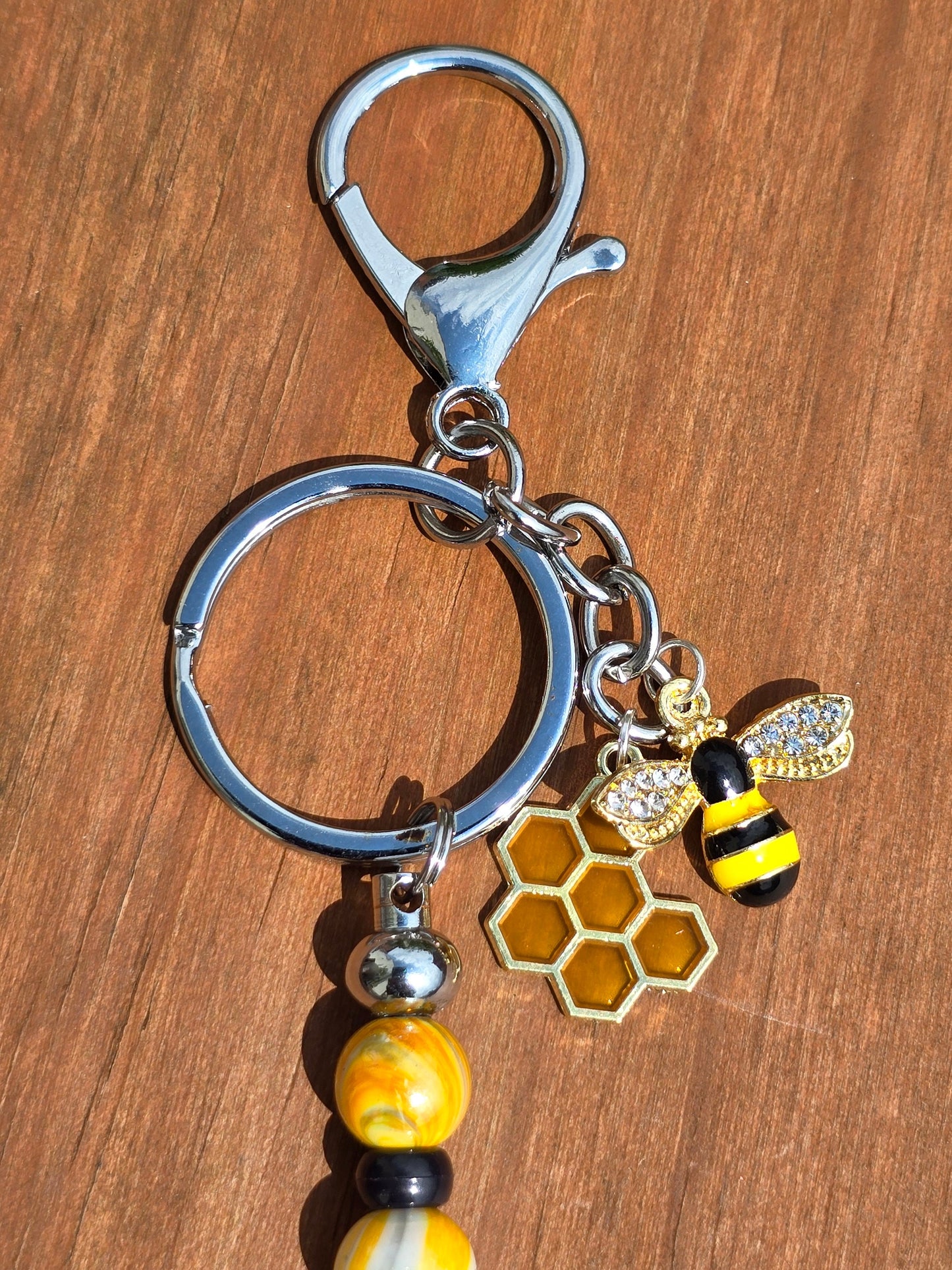 Bumble Bee Bag Charm - keyring - pull charm. Cute Bee and honeycomb design with beaded bar