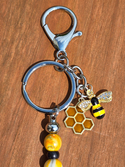 Bumble Bee Bag Charm - keyring - pull charm. Cute Bee and honeycomb design with beaded bar