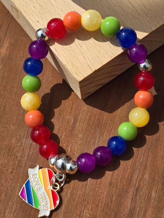 Pride Bracelet - Elastic multicoloured beaded bracelet with Love Wins Heart charm