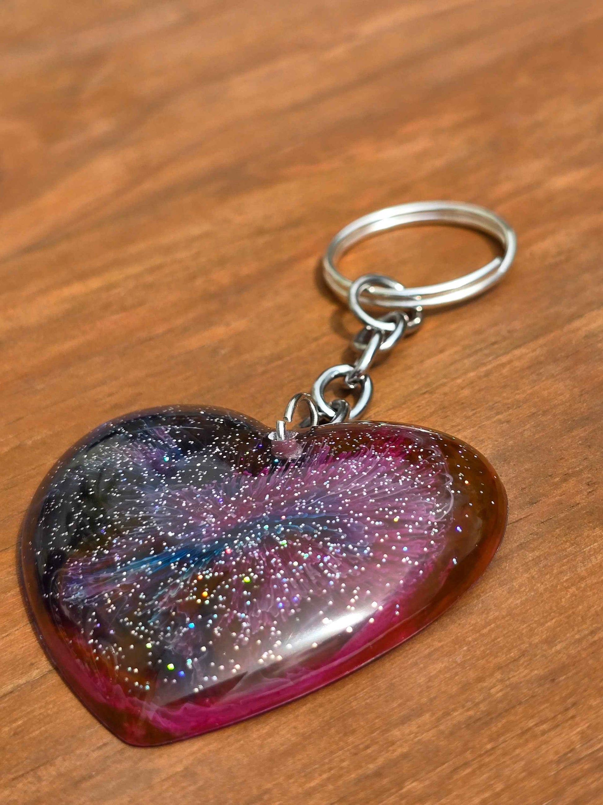 Cosmic Heart Keyring, Galaxy effect resin key / bag accessory