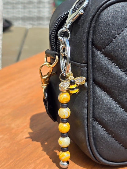 Bumble Bee Bag Charm - keyring - pull charm. Cute Bee and honeycomb design with beaded bar