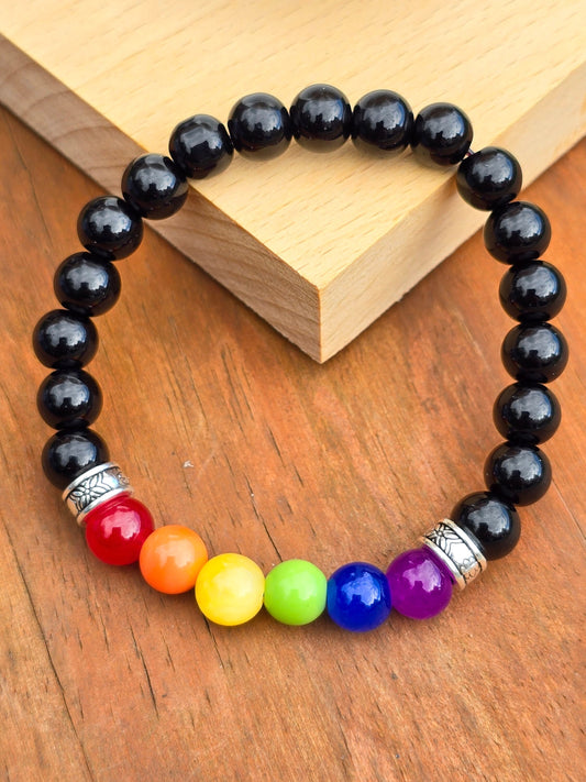 Unisex Rainbow Pride Bracelet - Beaded elastic armband to stretch to most wrist sizes