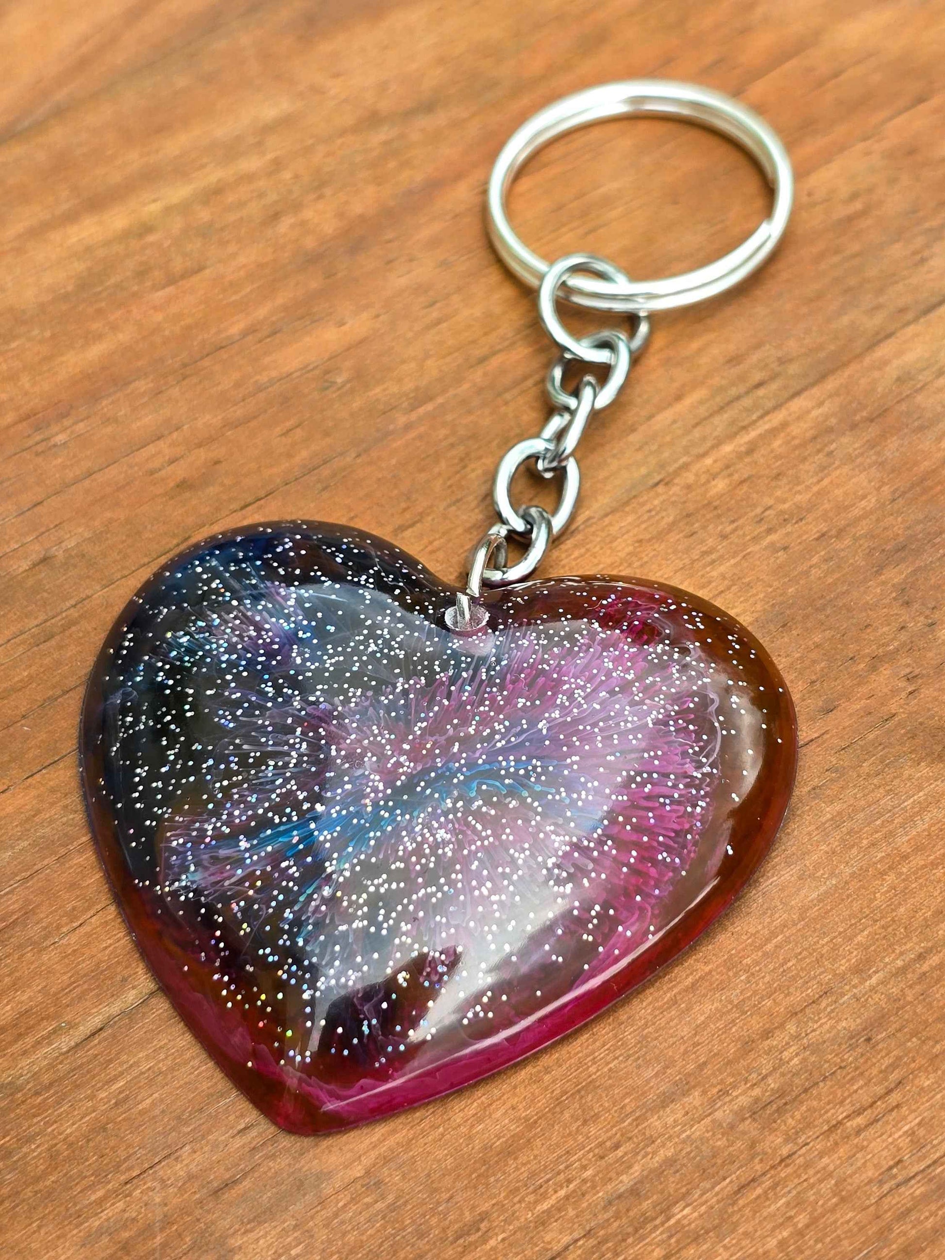 Cosmic Heart Keyring, Galaxy effect resin key / bag accessory