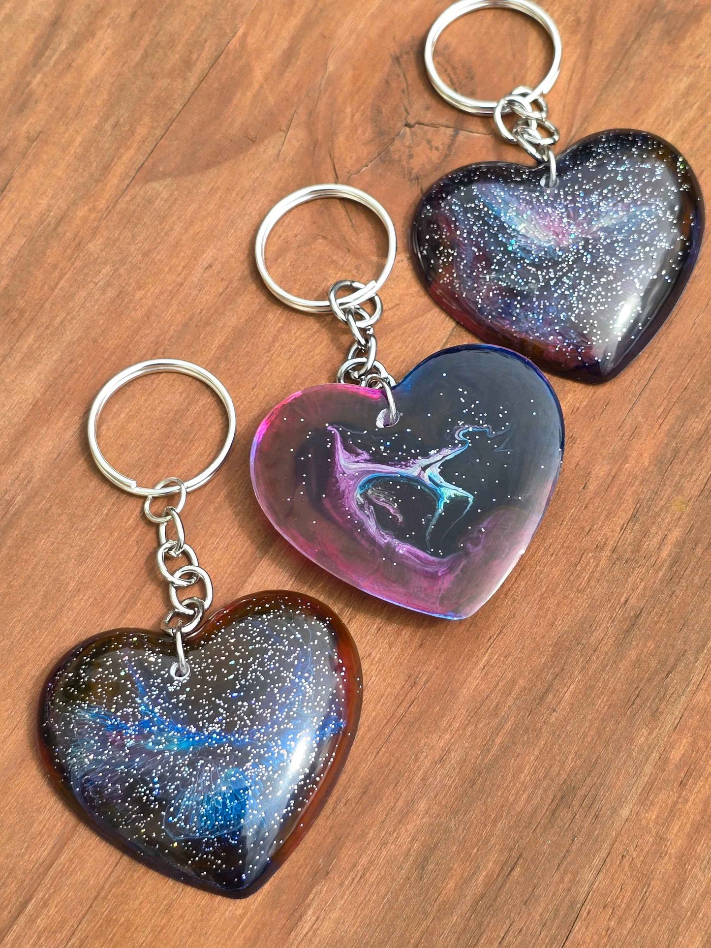 Cosmic Heart Keyring, Galaxy effect resin key / bag accessory