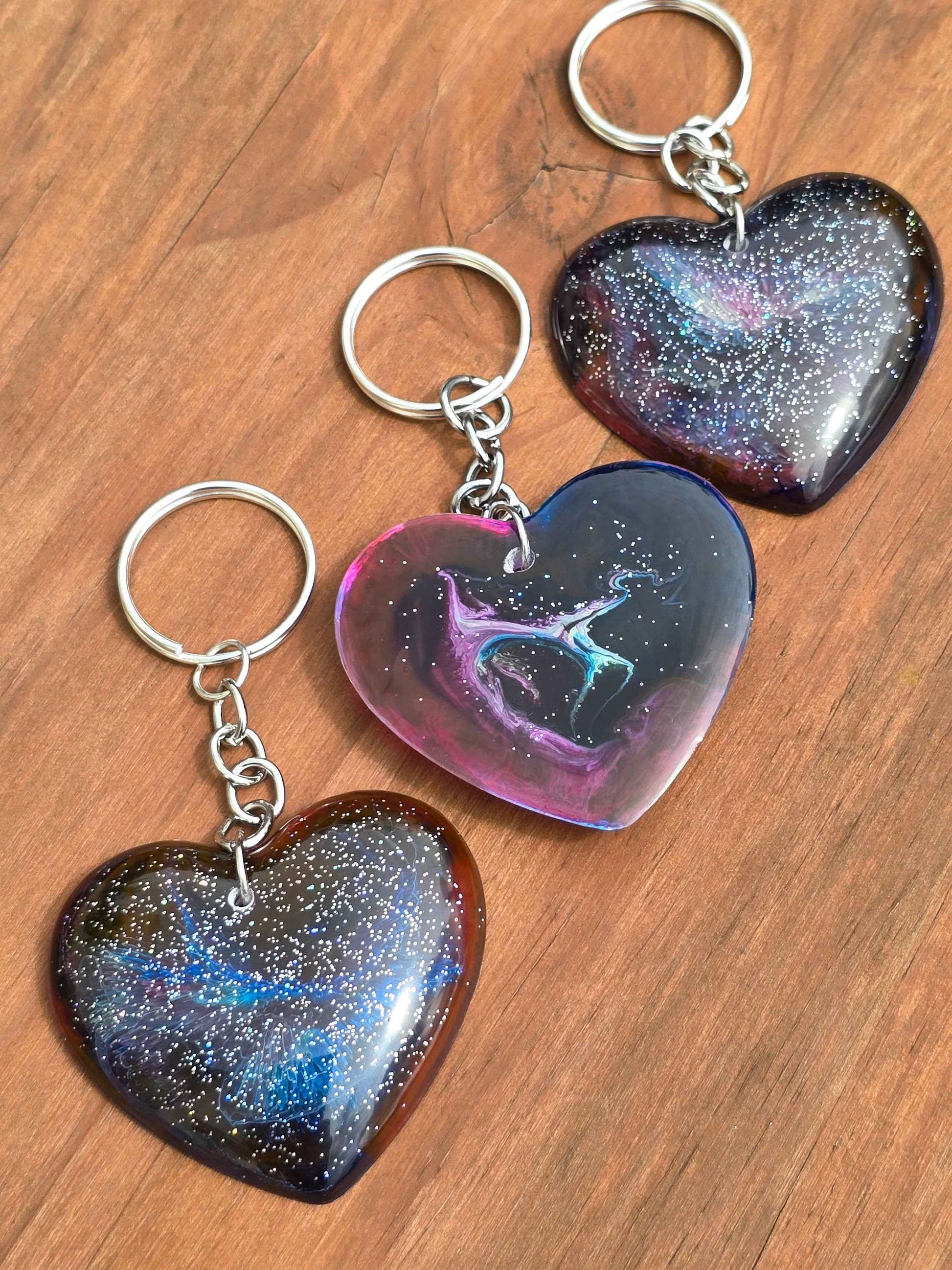 Cosmic Heart Keyring, Galaxy effect resin key / bag accessory