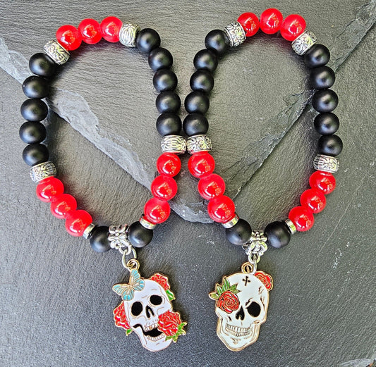 Skull Charm Bracelet -  Halloween Skull and rose elastic costume bracelet for parties