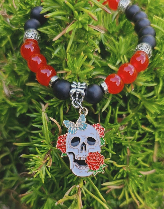Skull Charm Bracelet -  Halloween Skull and rose elastic costume bracelet for parties