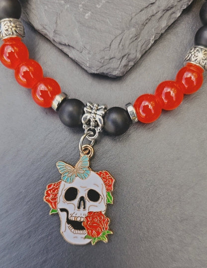 Skull Charm Bracelet -  Halloween Skull and rose elastic costume bracelet for parties