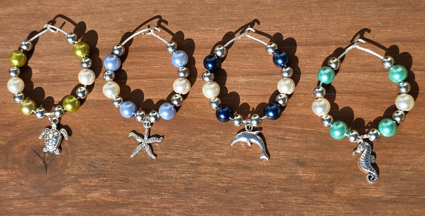 Ocean Theme Wine Glass Charms 4 Pack - Starfish, Dolphin, Sea Turtle, Sea Horse