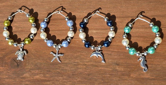 Ocean Theme Wine Glass Charms 4 Pack - Starfish, Dolphin, Sea Turtle, Sea Horse